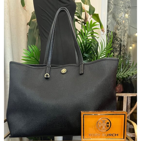 TORY BURCH BLACK STEFANO LEAHTER ROBINSON LARGE TOTE - Picture 1 of 13